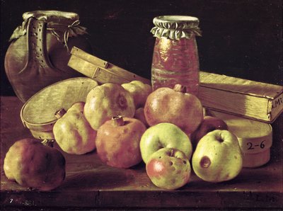 Still Life with Pomegranates, Apples, a Pot of Jam and a Stone Pot by Luis Egidio Melendez